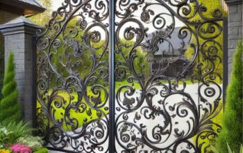 A stylish iron gate with intricate scrollwork, adding both security and elegance to a home's entrance