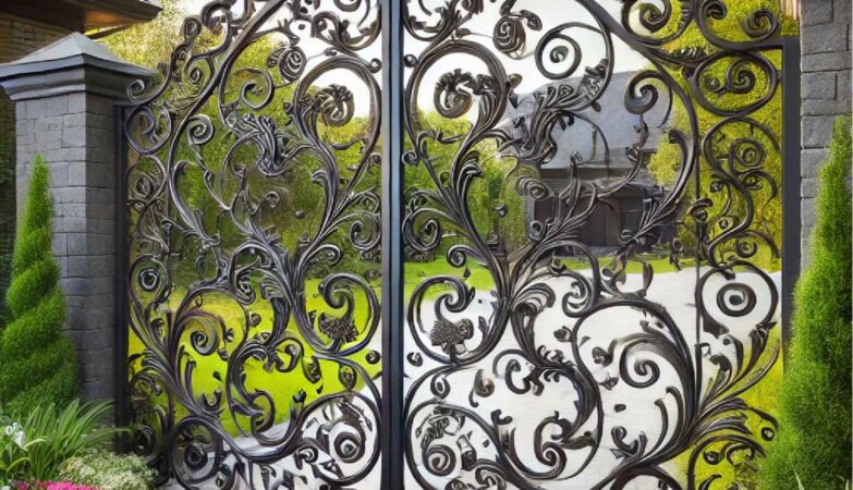 A stylish iron gate with intricate scrollwork, adding both security and elegance to a home's entrance