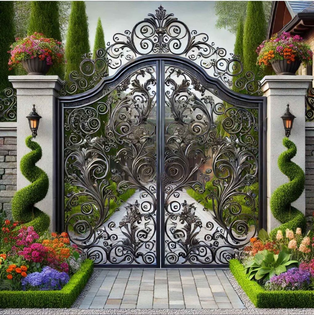  A stylish iron gate with intricate scrollwork, adding both security and elegance to a home's entrance