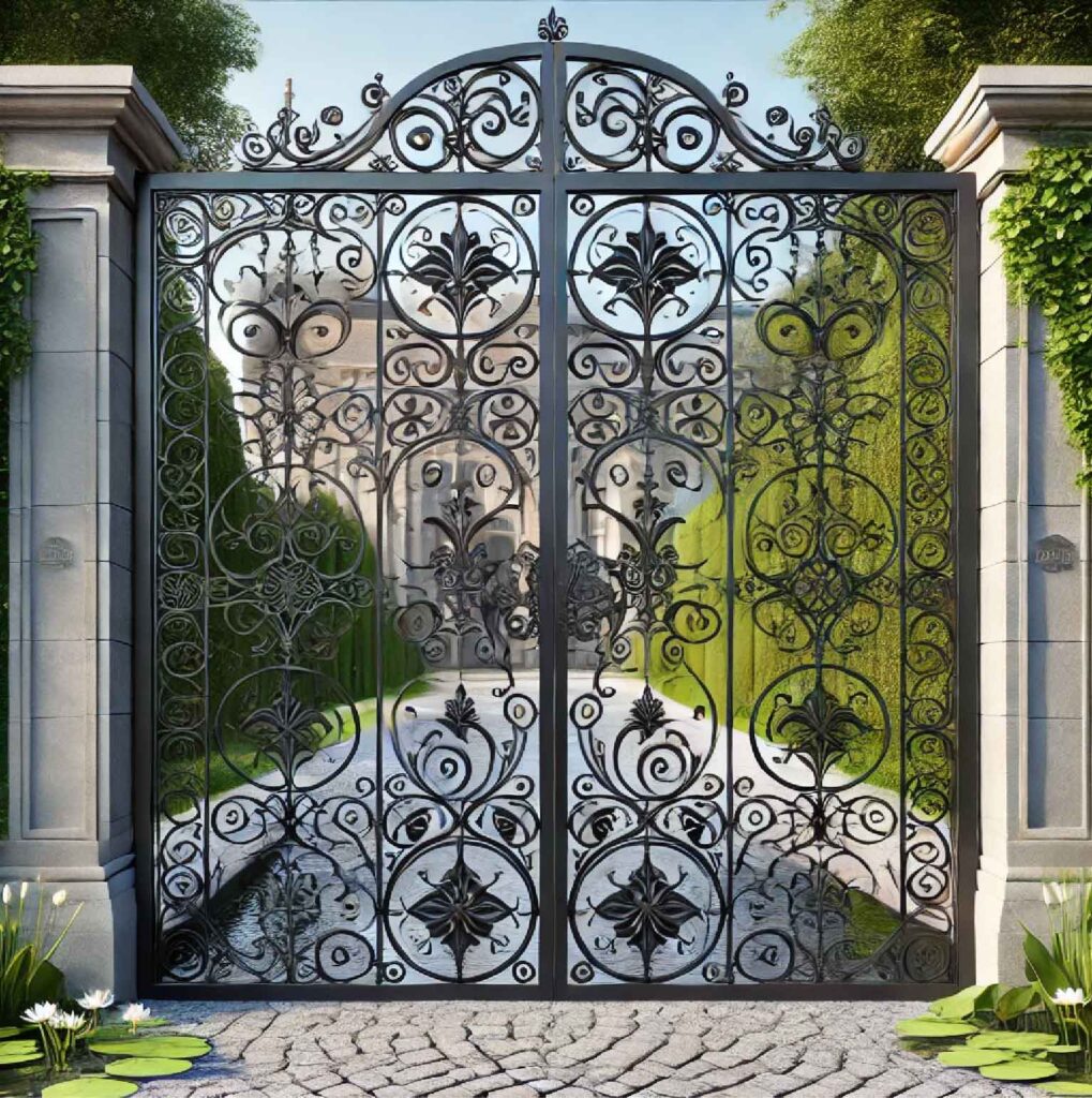  A stylish iron gate with intricate scrollwork, adding both security and elegance to a home's entrance