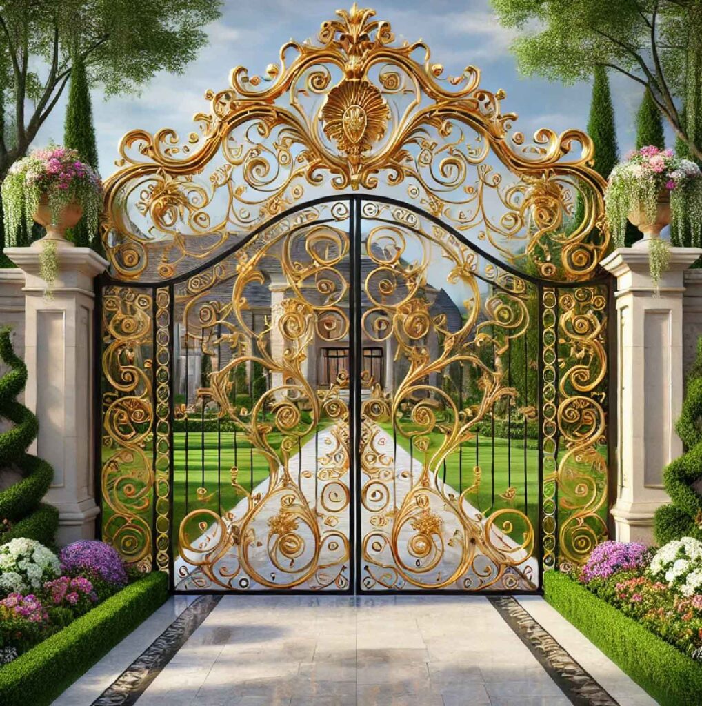  A stylish iron gate with intricate scrollwork, adding both security and elegance to a home's entrance